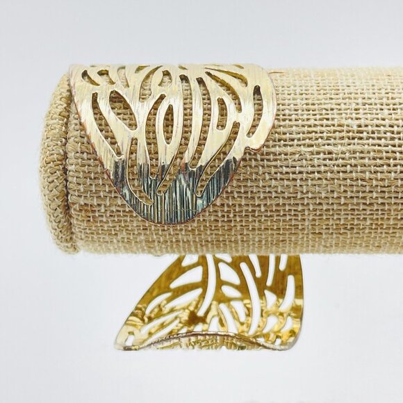Gold Tone Cuff Bracelet Openwork Leaf Design Wide Statement Fashion Jewelry - Picture 6 of 6
